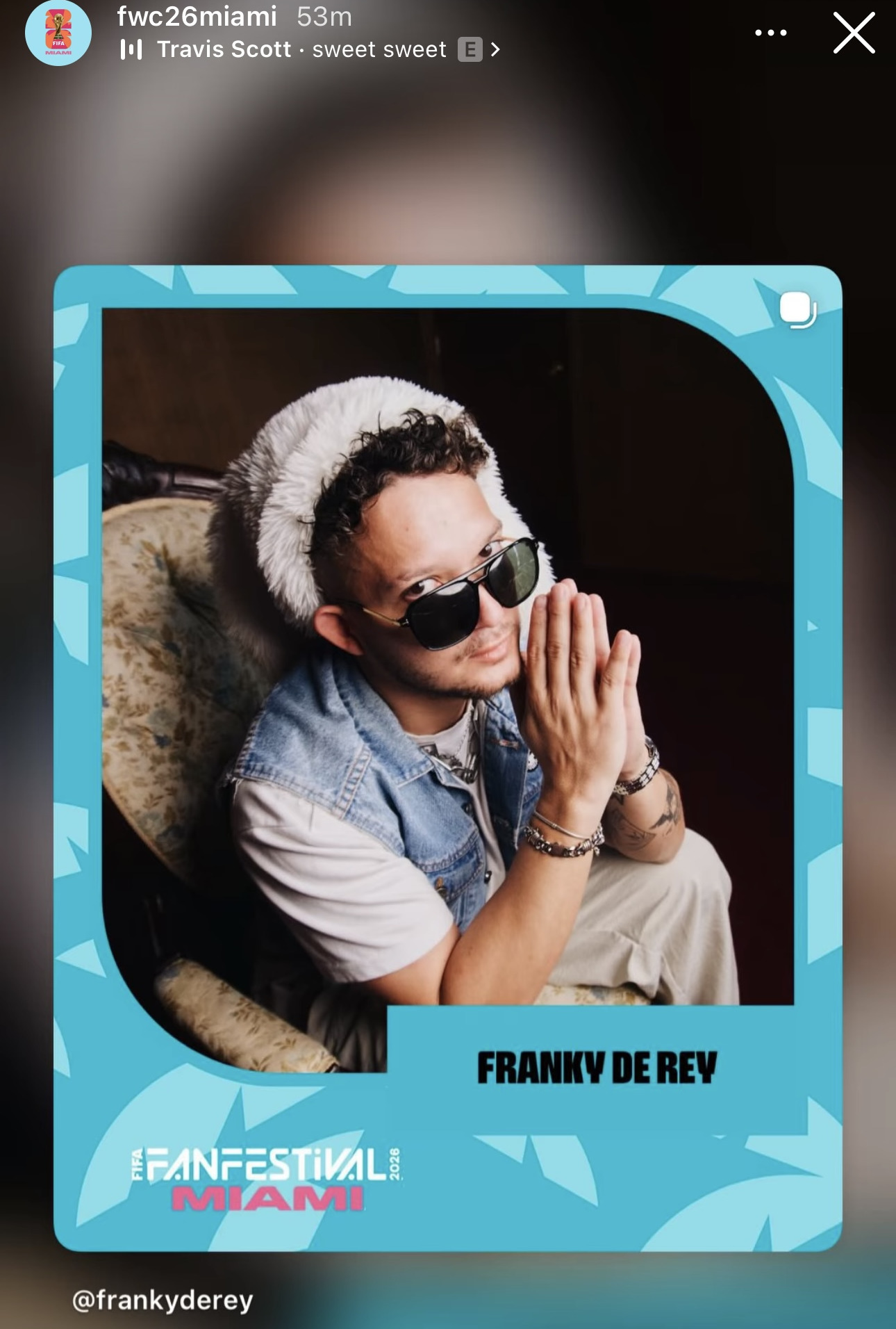 Franky De Rey's filled Fan Festival story, reposted by @fwc26miami