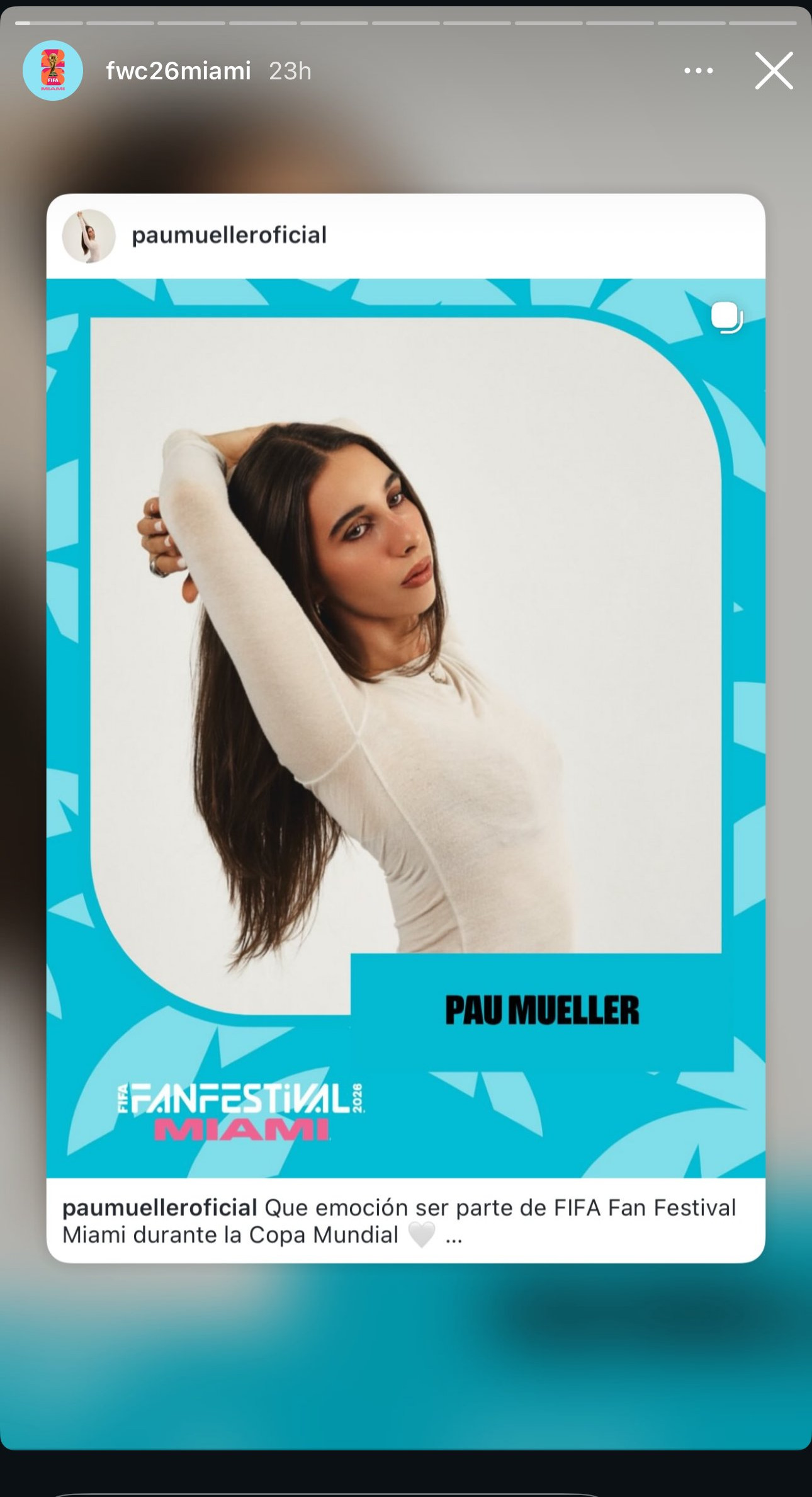 Pau Mueller's filled Fan Festival story, reposted by @fwc26miami
